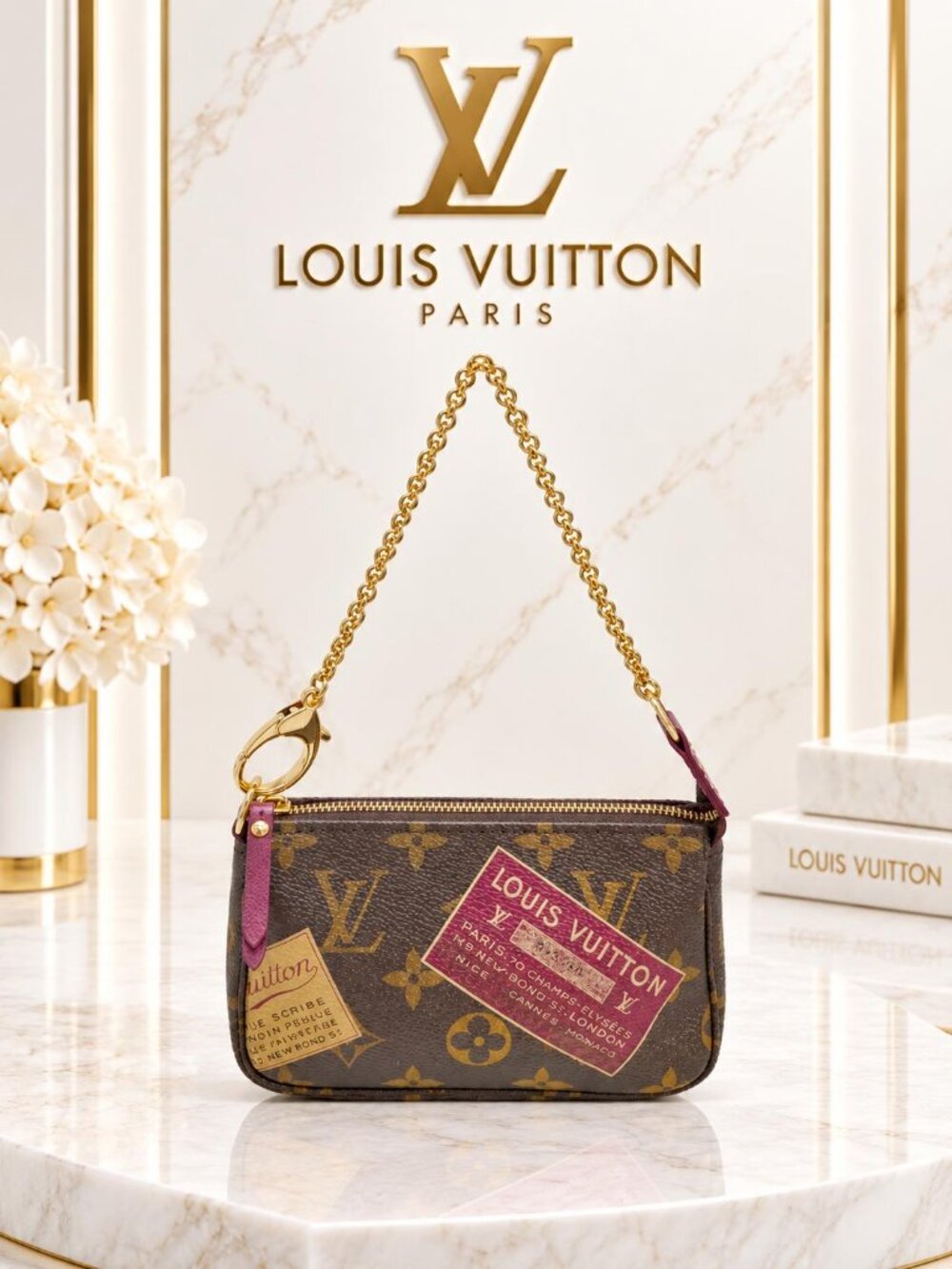 Authentic Louis Vuitton Mini Pochette Accessories Monogram Trunks Chain Bag